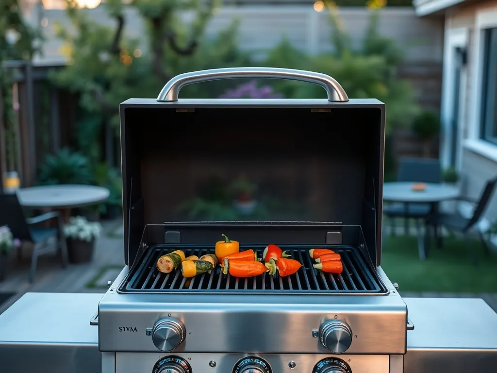 Nowoczesny grill gazowy na drewnianym tarasie, z warzywami i szaszłykami, w przytulnym ogrodzie wieczorem.