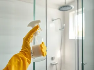 Dłoń wybierająca próbnik farb w ciepłych odcieniach obok puszki farby i płytki ceramicznej w nowoczesnym, jasnym salonie.
