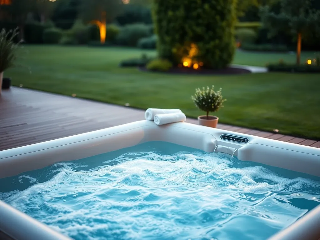 Nowoczesne dmuchane jacuzzi ogrodowe na drewnianym tarasie, otoczone zielenią, prezentujące relaksującą atmosferę spa w ogrodzie.