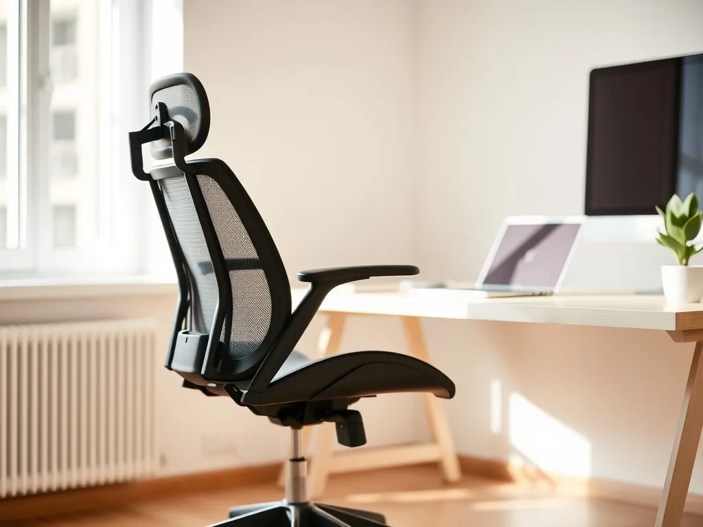 Nowoczesne ergonomiczne krzesło biurowe w minimalistycznym home office, podkreślające regulowane oparcie i podłokietniki.
