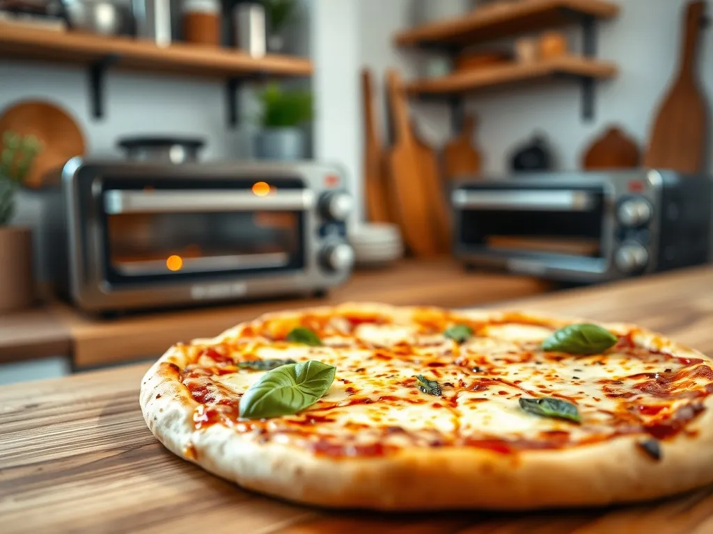 Domowa pizza z serem i bazylią obok dwóch kompaktowych pieców do pizzy na blat, w nowoczesnej, przytulnej kuchni.