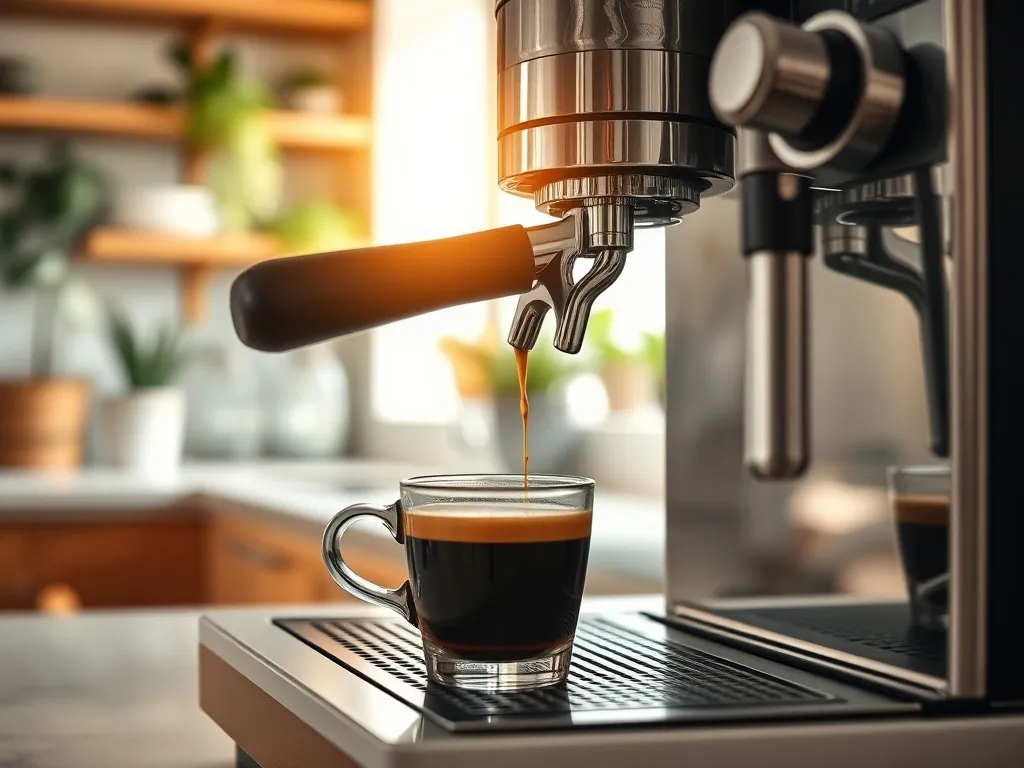 Ekspres kolbowy na kuchennym blacie, dłoń zaparza gęste espresso do filiżanki w przytulnej, domowej scenerii.