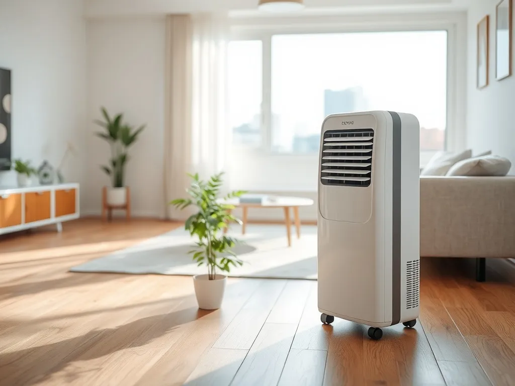 Przenośny klimatyzator chłodzący jasny, przytulny salon latem, tworzący świeżą i komfortową atmosferę wnętrza.