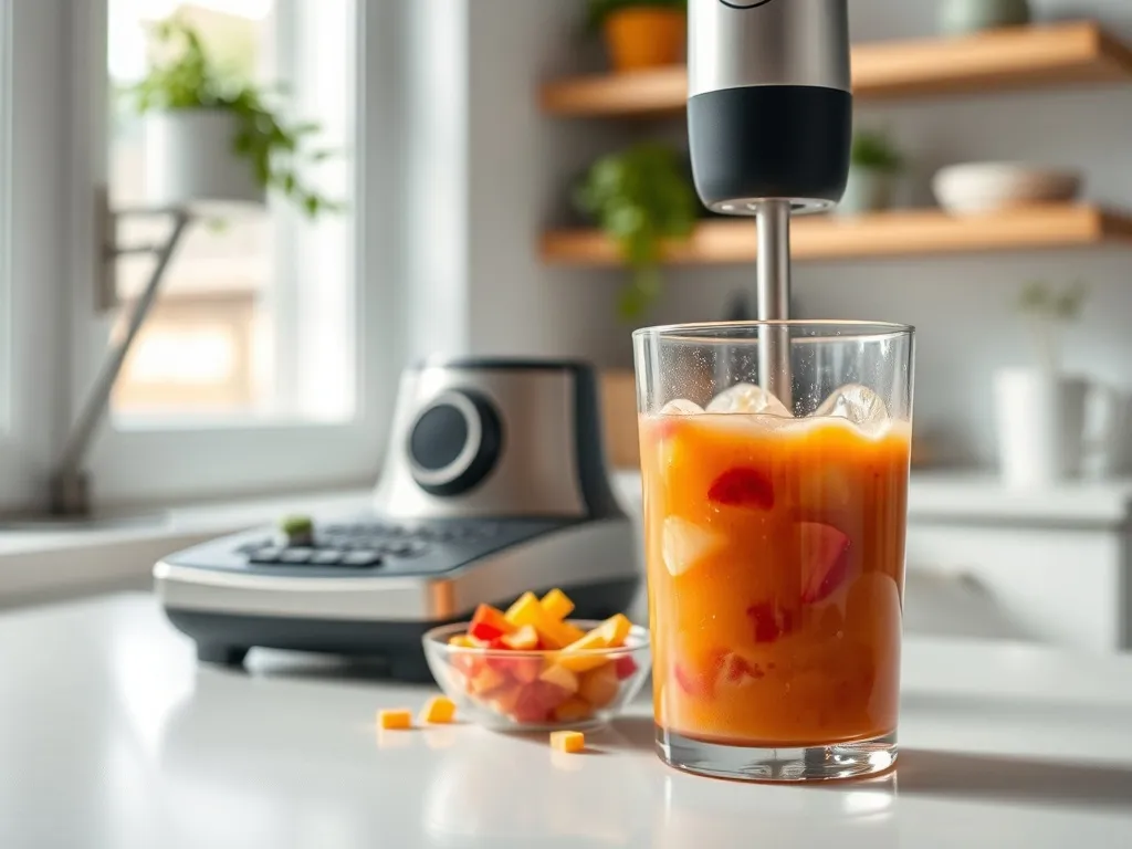 Nowoczesny blender ręczny na blacie obok kolorowego smoothie i warzyw, w jasnej, minimalistycznej kuchni.