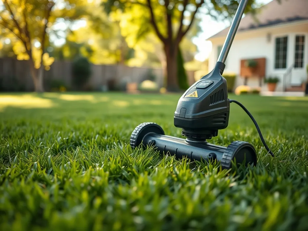 Elektryczny aerator wertykulator na zadbanym trawniku w ogrodzie przydomowym, ukazany z bliska jako przykład sprzętu do trawy.