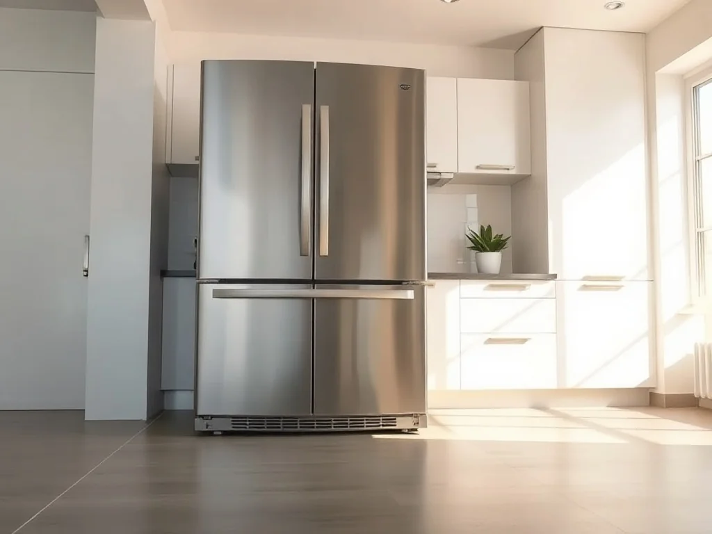 Nowoczesna lodówka side by side w jasnej, minimalistycznej kuchni, podkreślająca przestronność i elegancki design wnętrza.