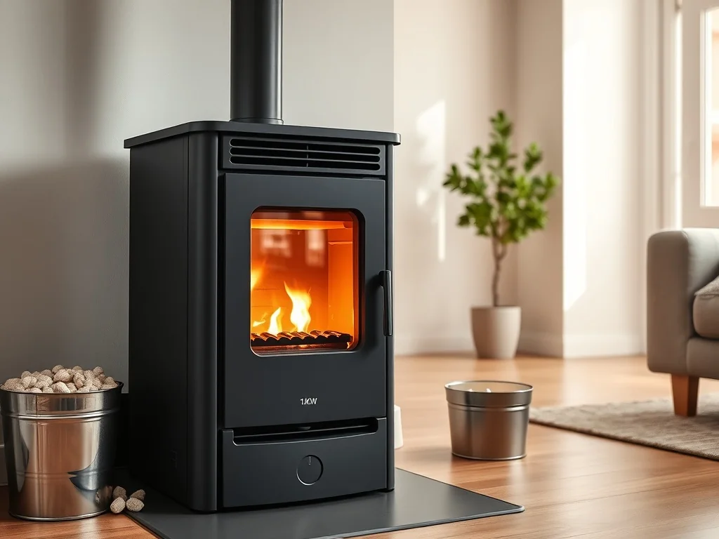 Nowoczesny piec na pellet 10 kW w skandynawskim salonie, prezentujący design i sposób ogrzewania wnętrza.