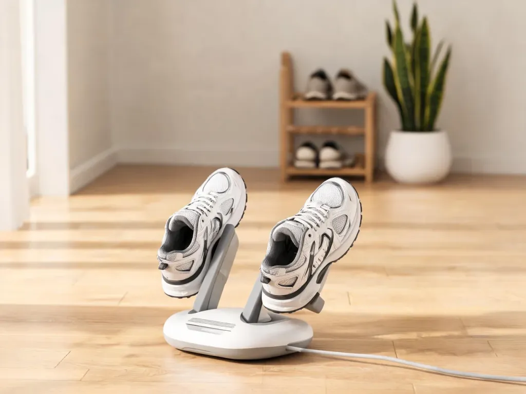 Nowoczesna suszarka do butów z ozonem z dwoma sportowymi sneakersami, ustawiona w jasnym, minimalistycznym przedpokoju.