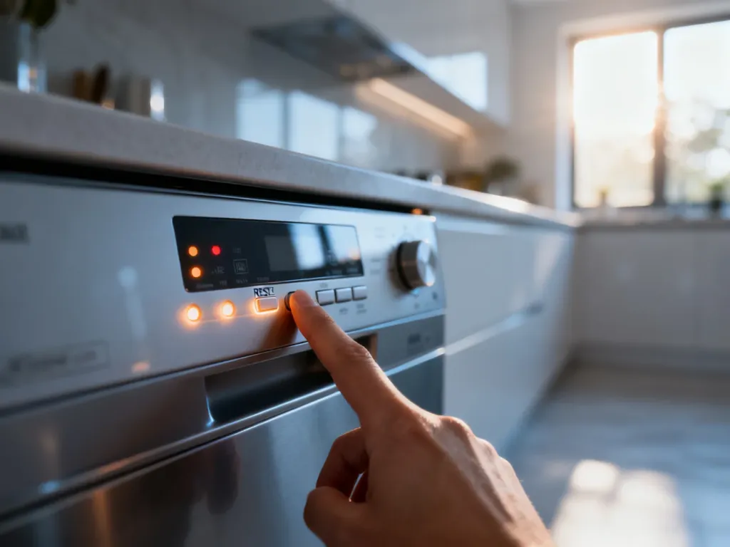 Palec naciskający przycisk resetowania na nowoczesnym panelu sterowania zmywarki w jasnej kuchni.