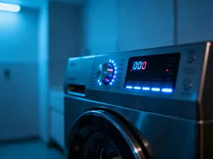 Panel sterowania zmywarki z wyświetlaczem LED wskazującym kod błędu w nowoczesnej kuchni.