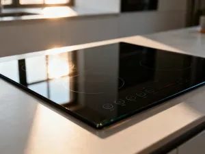 Nowoczesna kosiarka elektryczna na świeżej trawie w przydomowym ogrodzie, ilustrująca sprzęt do pielęgnacji trawnika.
