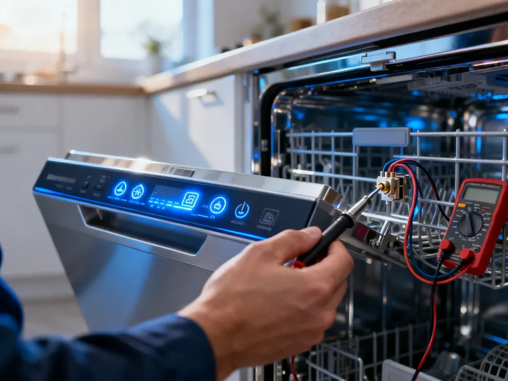 Technik sprawdza miernikiem przewody w panelu sterowania zmywarki, diagnozując przyczynę awarii urządzenia.
